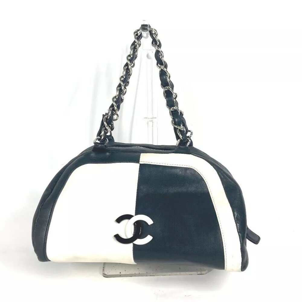 CHANEL Bicolor CC Mark Double Chain Shoulder Bag Handbag Leather White/Black
